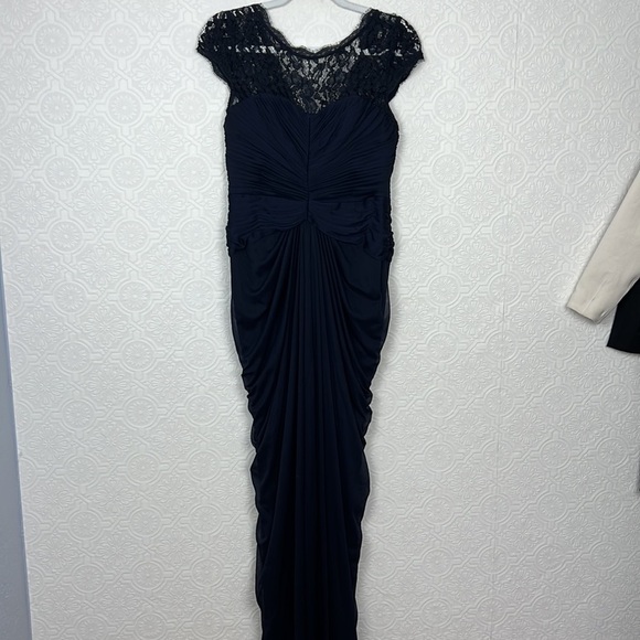 Adrianna Papell Lace Yoke Gown Drapped Dress Lacey Navy Blue Rouched Maxi - Picture 4 of 10